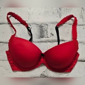 PINK Victoria’s Secret Red & Black Satin Lace Push Up Bra Size 34C